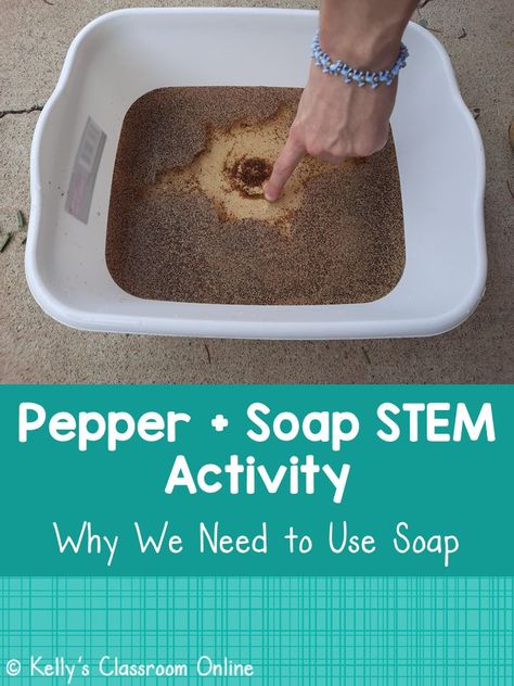 A plastic tub is filled with water and ground pepper. Someone is sticking their finger into the water and swirling it around. #kellysclassroomonline Soap Experiment, Investigatory Project, Scientific Process, School Science Projects, Science Concepts, Stem Experiments, Science Questions, Fun Facts About Animals, Stem Crafts