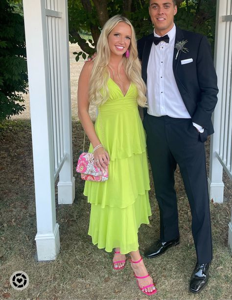 Lime Green Wedding Guest Dress, Lime Green And Pink Outfit, Green And Hot Pink Wedding, Green Spring Dresses, Green Wedding Guest Dresses, Pink Wedding Guest Dresses, V Neck Prom Dress, Neon Green Dresses, Green Dress Outfit