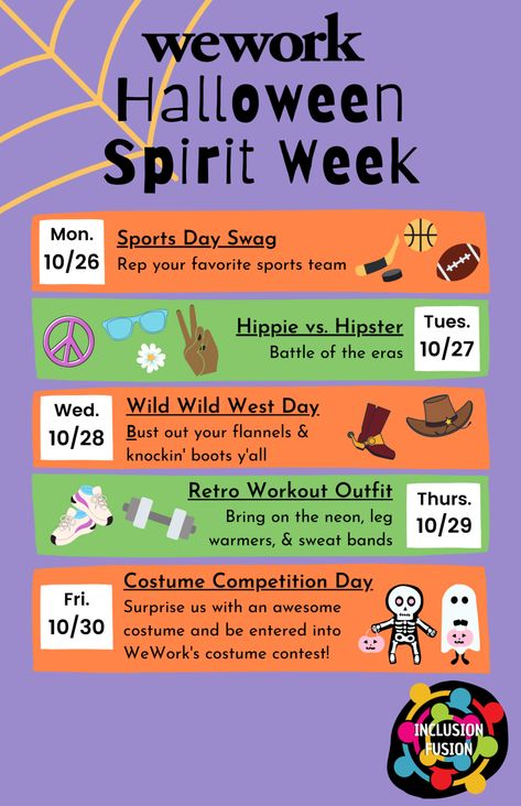 Spirit Week Dress Up Ideas, Halloween Spirit Week Ideas For Work, Halloween Spirit Week Ideas, Fall Spirit Week, Dress Up Day Ideas, Holiday Spirit Week, Spirit Week Ideas, Spirit Weeks, Spirit Day Ideas