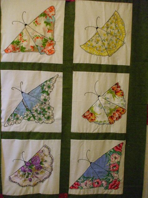 Quilts and Art by Cheryl: Handkerchief Butterfly Quilt Hanky Quilt Patterns, Hankie Quilts Ideas, Vintage Hankies Ideas, Vintage Butterfly Quilt, Hanky Quilt, Handkerchief Quilts, Handkerchief Quilt, Hankie Quilts, Handkerchief Ideas