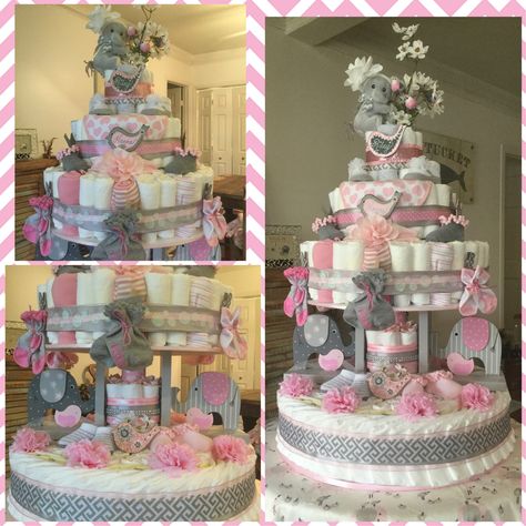 Gray and Pink Elephant Diaper cake. Over 250 diaper, over 60 baby items. Elephant Diaper Cake Girl, Diaper Bouquet Diy, Pampers Cake, Diaper Cake Girl, Diaper Centerpiece, Elephant Diaper Cake, Princess Diaper Cakes, Girl Diaper Cake