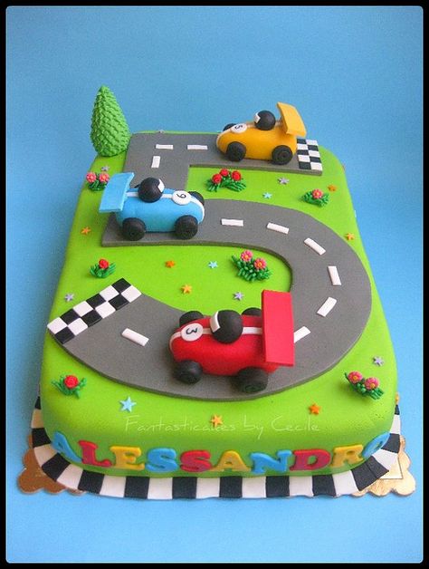 We did this cake for my Grandson last year with Cars the Movie toy vehicles on it. He loved playing with them latter :-) Lightning Mcqueen Birthday Cake, Race Car Cakes, Disney Birthday Cakes, Car Cake, Boy Birthday Cake, Cake Designs Birthday, Cakes For Boys, Photo Cake, Birthday Cake Kids