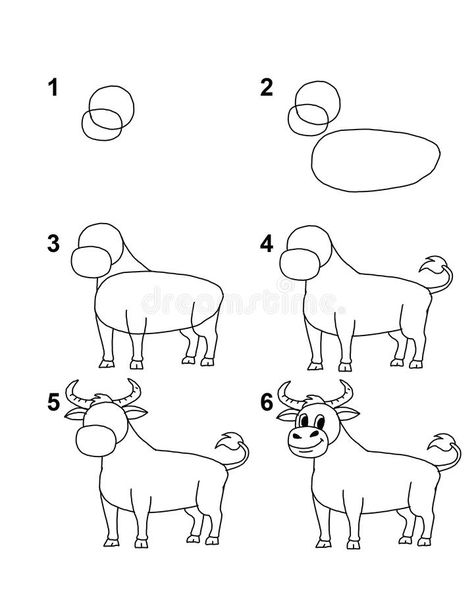 How to draw Bull step by step cartoon illustration with white background. Made by adobe Photoshop vector illustration Bull Drawing Simple, How To Draw Steps, Draw Animals, Facts For Kids, Sketches Simple, Animal Sketches, Apa Aja, Creative Drawing, Stick Figures