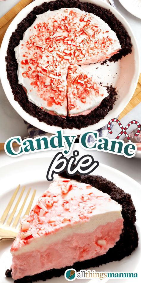 Candy Cane Pie collage image. Christmas Pie Recipes Holidays, No Bake Candy Cane Pie, Candy Cane Pie Recipe, Candy Cane Desserts, Peppermint Pie Recipe, Peppermint Pie, Cookie Crumb Crust, Candy Cane Pie, Christmas Pies