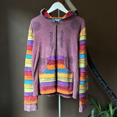 Multicoloured hippie hoodie with pointed hood 

Size... - Depop Hippie Hoodie, Colorful Hoodies, Nepal