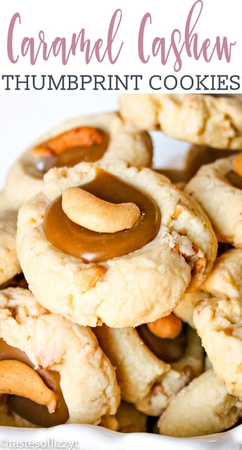 Cashew Cookies Recipes, Cashew Cookies, Caramel Cashew, Lime Jello Salads, Strawberry Bread, Thumbprint Cookies Recipe, Chewy Cookies, Filled Cookies, Caramel Cookies