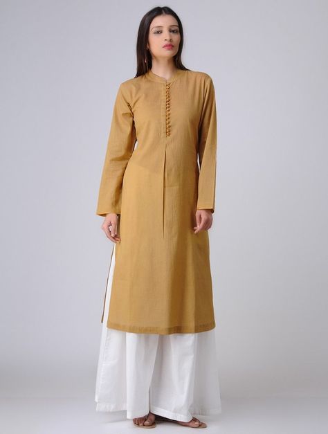 Buy Olive Pleated Cotton Mul Kurta with Potli Buttons Women Kurtas Online at Jaypore.com Cotton Kurti Set, Kurti Pattern, Kurta With Palazzo, Suit Styles, Stylish Kurtis Design, Kurta Cotton, Designer Kurti Patterns, Kurti Patterns, Summer Suit