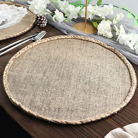 Create the perfect mood for every dinner occasion with these rustic placemats! These multipurpose round placemats with braided trim can be used in a variety of ways. Whether as a base for dinnerware or for your gorgeous centerpieces, these reusable non-fading placemats will create a trendy look and style for your formal or casual table setting. Surprise your guests with a charming and unique tablescape. The possibilities are endless! WHAT YOU GET: Each order is for four (4) placemats. Measuremen Placemat With Charger, Rustic Theme Party, Coastal Kitchens, Oval Tables, Jute Placemats, Farmhouse Placemats, Natural Placemats, Round Table Sizes, Office Board