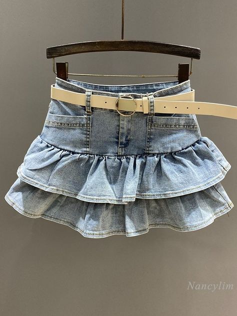 Skirt Denim Outfit, Ruffled Denim Skirt, Skirts 2023, Skirt With Bow, Short Summer Skirts, Denim Skirt Outfits, Skirt Denim, Denim Skirt Women, Love Is Free