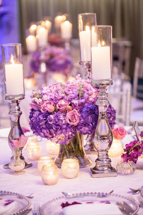 Photo: Palm Beach Photography Lavender Wedding Ideas Decorations, Purple Hydrangea Wedding, Wedding Table Decorations Purple, Candelabra Centerpieces, Purple Wedding Reception, Gold Candlesticks, Purple Wedding Centerpieces, Flowers And Candles, Wedding Flowers Hydrangea