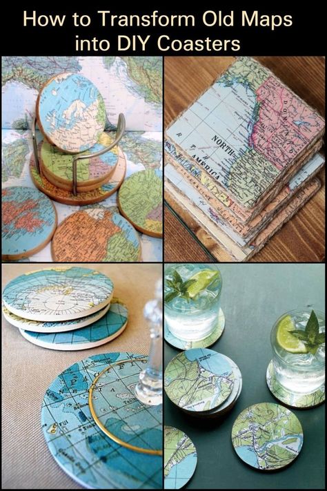 Craft Ideas Using Old Maps, Map Coasters Diy, Crafts With Maps Diy Projects, Crafts With Old Maps, Diy Coasters Aesthetic, Map Crafts Ideas, Decoupage Coasters Diy, Travel Diy Crafts, Diy Coaster Ideas