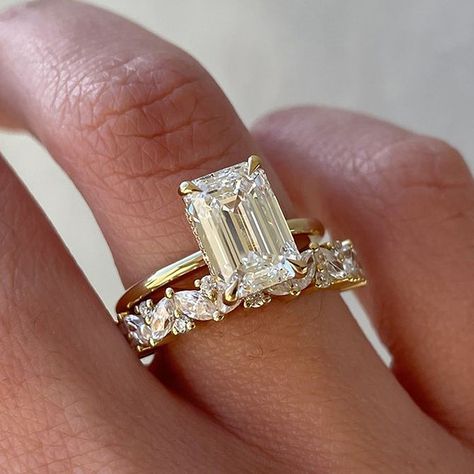 Sparkle Yellow Gold Emerald Cut Women‘s Wedding Ring Set In Sterling Silver Dream Wedding Ring, Ring Inspo, Cute Engagement Rings, Future Engagement Rings, Stackable Wedding Bands, Emerald Cut Engagement, Solitaire Rings, Sterling Silver Wedding Band, Emerald Engagement Ring Cut