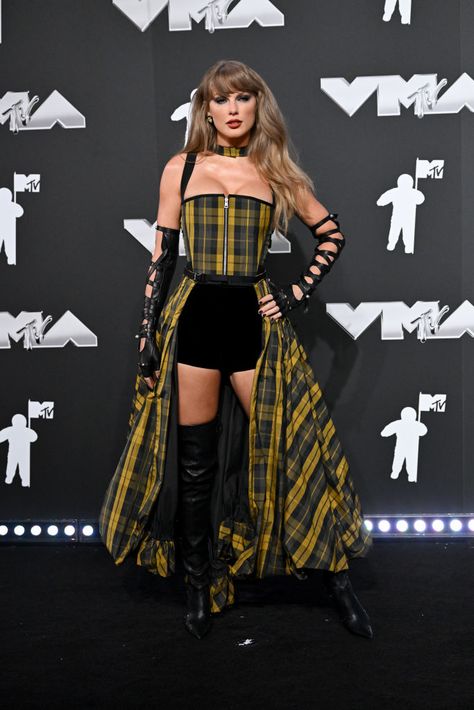 Taylor Swift at the 2024 MTV Video Music Awards held at UBS Arena on September 11, 2024 in in Elmont, New York.  (Photo by Gilbert Flores/Billboard via Getty Images) Ubs Arena, Dior Outfit, Mtv Awards, Printed Gowns, Velvet Shorts, Video Music Awards, Dressed To The Nines, Bold Fashion, Mesh Dress