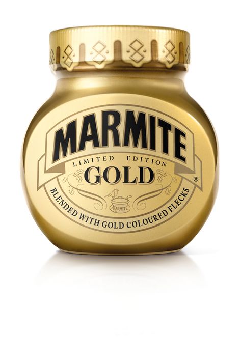 Packaging for Marmite's latest limited edition product Gold, designed by Hornall Anderson. Gold Jars, Limited Edition Packaging, Cool Packaging, Packaged Food, Food Packaging Design, Food Culture, Packaging Labels, Mustard Bottle, Food Packaging