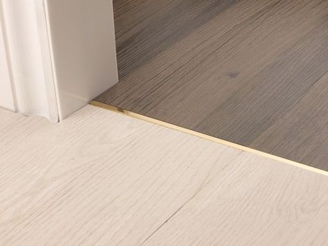 Floor Trim Transition, Tile To Lvt Transition, Title Floors, Coastal Castle, Tile To Wood Transition, Tile Backsplash Ideas, Floor Transition, Wood Floor Colors, Transition Flooring