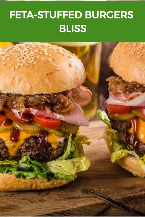 Feta-Stuffed Burgers Bliss Inside Out Burger, Feta Burgers, Stuffed Burgers, Caramelized Onions Recipe, Minced Beef Recipes, Minced Meat Recipe, Creamy Feta, Ground Meat Recipes, Volcanic Eruption