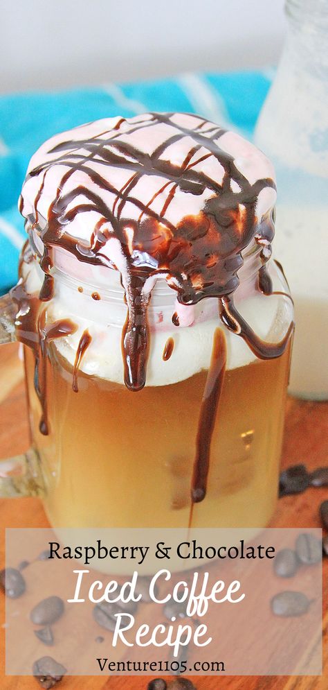 Easy raspberry iced coffee with chocolate syrup. Coffee With Raspberry Syrup, Raspberry Coffee Drink, Iced Coffee Flavor Ideas, Iced Latte Recipes At Home, Chocolate Iced Coffee Recipe, Homemade Whipped Topping, Homemade Beverages, Diy Coffee Drinks, Raspberry Whip