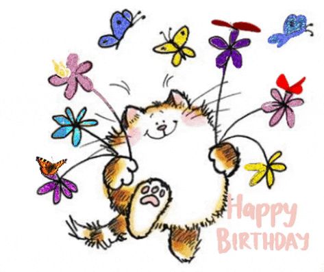 Pretty Kitty:  Happy Birthday to You via GIPHY  gif, butterflies, flowers, smiling cat Penny Black Stamps, Image Chat, Cats Breeds, Digi Stamps, Penny Black, Watercolor Cards, Cat Drawing, Digital Stamps, A Drawing