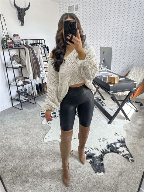 Sweater Dress With Knee High Socks, Knitted Boots Outfit, Fancy Leggings Outfit, Going Out Style 2023, Oversized Sweater And Leather Leggings, Coffee Date Outfit Leggings, Boot And Legging Outfits, Fall Outfits With Thigh High Boots, Fall Outfits Thigh High Boots