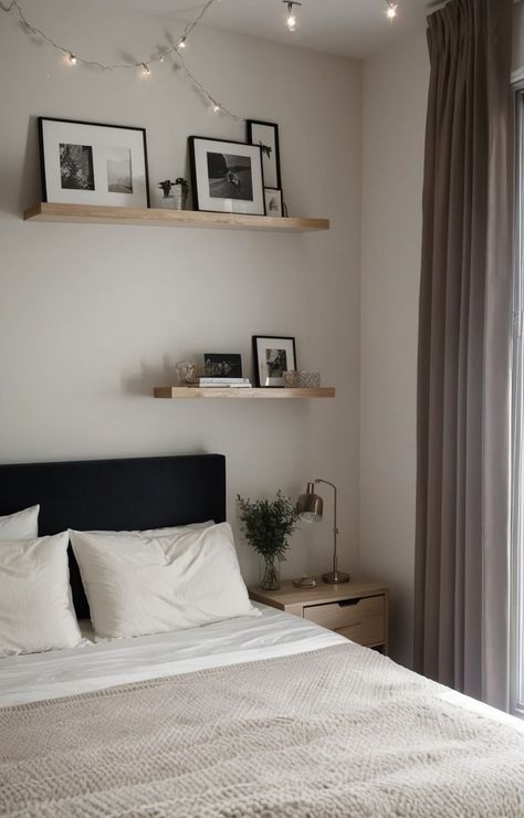 Floating Shelves Above Bed, Floating Shelves Bedroom Above Bed, Shelves Above Bed, Floating Shelf Above Bed, Above Bed Ideas, Faux Fur Rugs, Shelf Above Bed, Mens Room Decor, Fur Rugs