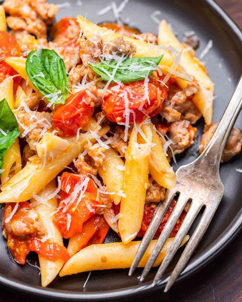 Sausage Tomato Pasta Recipes, Italian Sausage Cherry Tomatoes Pasta, Tomato Basil Sausage Pasta, Sausage And Cherry Tomato Pasta, Sausage Tomato Pasta, Italian Sausage Recipes Pasta, Sausage Pasta Sauce, Sausage Penne, Roasted Tomato Pasta