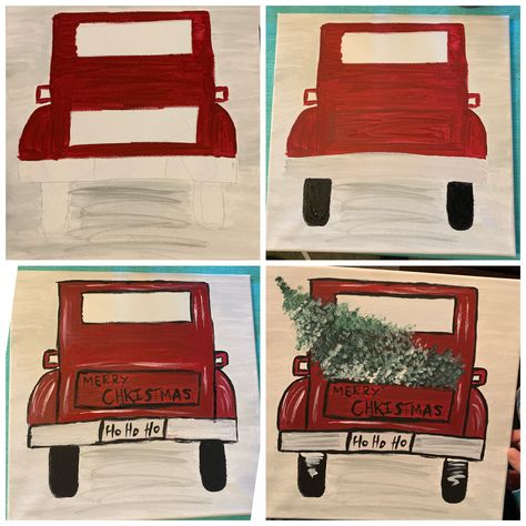 Truck With Christmas Tree Painting, Red Truck Christmas Tree Footprint, How To Paint A Red Truck, Red Truck Painting Easy, Red Truck Christmas Tree Painting, Red Christmas Truck Painting, Red Truck Decor Christmas, Red Trucks For Christmas, Christmas Diy Paintings