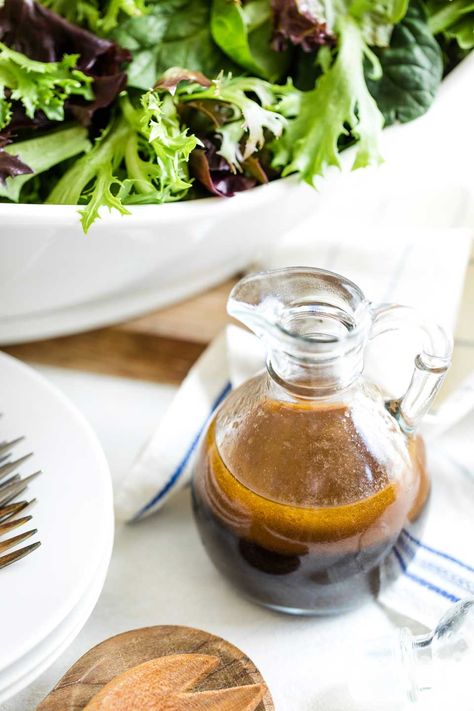 The BEST balsamic vinaigrette recipe! And it’s so much lower in fat and calories, too! This delicious, easy Maple Balsamic Vinaigrette has bold, complex flavors. With just 5 common pantry ingredients, it’s a snap to whip up any time, and it keeps well in the fridge. Try it as a salad dressing, or drizzled over roasted veggies, grilled meats & more! | balsamic vinaigrette dressing | balsamic salad dressing | healthy dressing for salad | healthy salad dressing recipes | www.TwoHealthyKitchens.com Easy Healthy Salad Dressing, Maple Balsamic Vinaigrette, Low Calorie Salad Dressing, Veggies Grilled, Dressing Vinaigrette, Maple Balsamic Dressing, Balsamic Dressing Recipe, Balsamic Salad, Balsamic Vinaigrette Salad