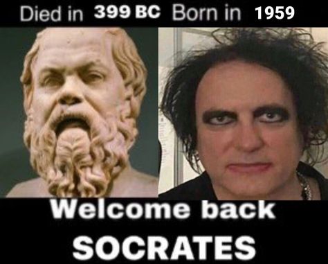 Welcome back SOCRATES Welcome Back Meme, The Smiths Meme, Philosophy Memes, Goth Memes, So Kawaii, Goth Bands, Music Pics, The Smiths, Robert Smith