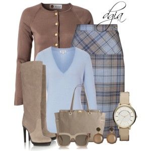 Pastel Color Outfit Ideas, Polyvore Skirt, Brown Cardigan, Colour Combo, Professional Attire, Office Attire, Blue Sweater, Plaid Skirt, Complete Outfits