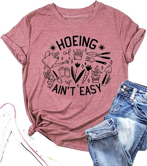 Garden Shirts for Women Plant Lover T Shirt Hoeing Ain't Easy Graphic Tee Short Sleeve Gardener Gift Blouse Tops Gardening Shirts Funny, Long Cable Knit Cardigan, Funny Gardening, Taurus Women, Farmer Shirt, Gardening Shirts, Sun Hats For Women, Blouse Tops, Mini Sweater Dress