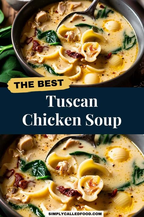 Tuscan Chicken Soup Recipe Easy Tuscan Soup, Chicken Tuscan Soup, Chicken Thigh Soup, Chicken Piccata Soup, Soup In A Crock Pot, Tuscan Chicken Soup, Chicken Breast Soup, Mediterranean Soup, Chicken Soup Crockpot