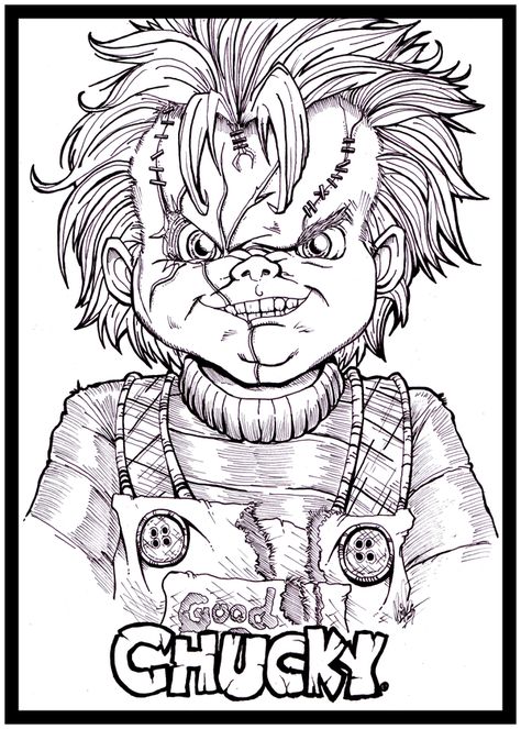 Chucky Coloring Pages, Chucky Drawing, Free Adult Coloring Printables, Scary Drawings, Horror Drawing, Scooby Snacks, Skulls Drawing, Dark Art Tattoo, Horror Movie Art