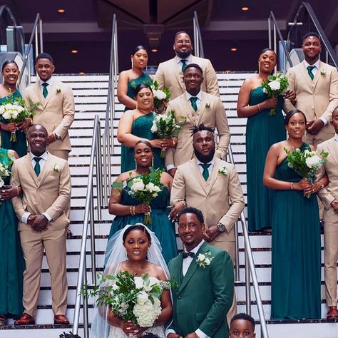 STANLION CLOTHING on Instagram: "WHEN IT COMES TO GROOM AND GROOMSMEN MATTERS LEAVE FOR US, WE ARE THE BEST IN THE GAME 🔥🔥🔥💪💪💪 . . . Through back to Morti & Celine, that tan and emerald green fits like Ying & Yang 🔥🔥🔥🔥💪" Gold Bridesmaid And Groomsmen, Emareld Green, Emerald Green Groomsmen, Green And Tan Wedding, Tan Groomsmen Suits, Tan Groomsmen, 2025 Bride, Green Wedding Suit, Emerald Green Bridesmaid Dresses