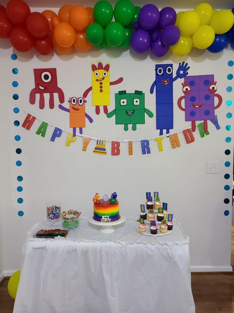 Numbers Party Theme, Numbers Theme Birthday Party, Alpha Blocks Birthday Party, Shapes Theme Birthday Party, Number Blocks Decoration, Shape Birthday Party, Roadblocks Birthday Party, Numberblock Party Ideas, Number Block Party Decorations