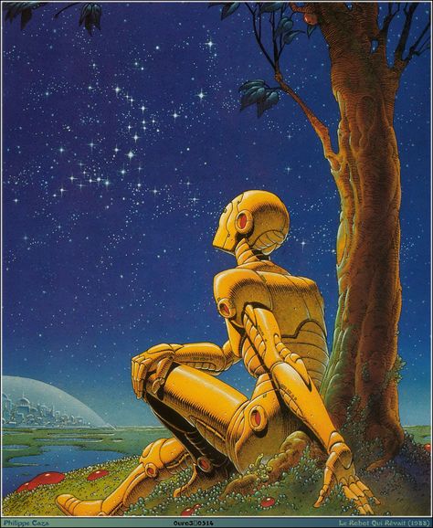 Le Robot qui rêvait (French edition of 'Robot Dreams') by Isaac Asimov - book cover art by Philippe Caza, 1988 Creative Thoughts, 70s Sci Fi Art, Arte Peculiar, Scifi Fantasy Art, Retro Robot, Arte Robot, Isaac Asimov, Bd Comics, Futuristic Art