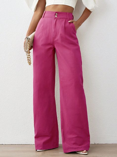 SHEIN Privé Solid High Waist Wide Leg JeansI discovered amazing products on SHEIN.com, come check them out! Hot Pink Jeans, Dressy Jeans, High Waist Wide Leg Jeans, Pink Collar, Pink Jeans, Pink Collars, Wide Leg Jeans, Women Clothing, Leg Jeans