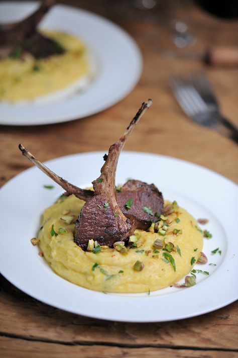 CAST IRON GRILLED LAMB CHOPS WITH PARMESAN PISTACHIO POLENTA Farmer Cheese, Grilled Lamb Chops, Farmers Cheese, Grill Time, Grilled Lamb, Cast Iron Grill, Wine Wednesday, The Lamb, Lamb Chops