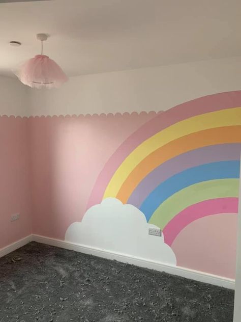 Rainbow Wall Decor Diy, Rainbow On Wall Kids Rooms, Rainbow Girls Room Ideas, Girls Bedroom Mural Ideas, Rainbow Wall Bedroom, Paint For Girls Room, Rainbow Bedroom Girl, Pink Rainbow Bedroom, Rainbow Mural Kids Room Diy