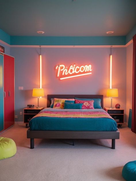 Create a trendy y2k-inspired bedroom with vibrant neon signs and retro posters. Complete the look with a vinyl record player and a cozy bean bag chair for a funky and nostalgic vibe. Cozy Bean Bag, Y2k Bedroom, Inspired Bedroom, Retro Posters, Vinyl Record Player, Bean Bags, Bag Chair, Record Player, Bedroom Art