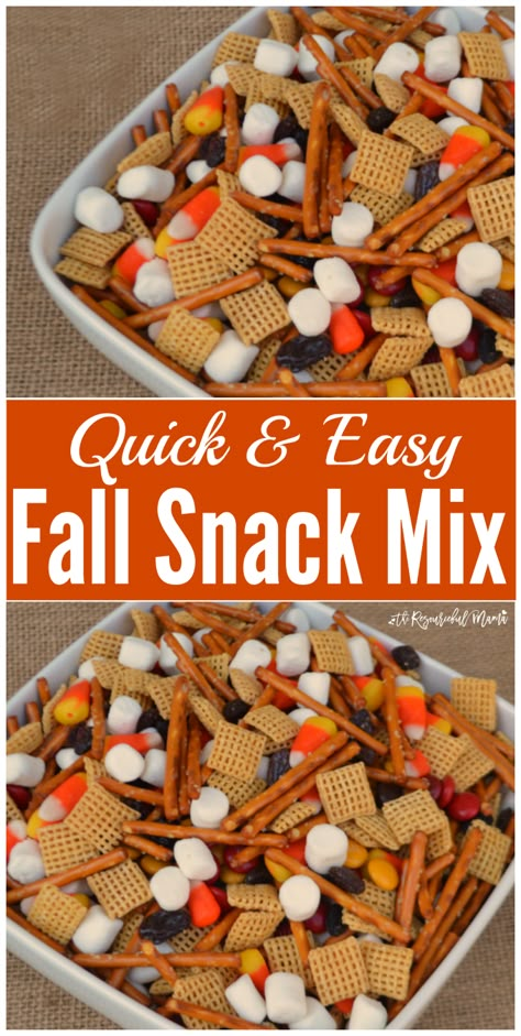 Quick & Easy Fall Snack Mix great for snacking, gatherings, parties, school snacks, and potlucks. Fall School Snacks, Fall Classroom Snacks, Fall Open House Food Ideas, Fun Fall Snacks For Kids, Fall Snack Mixes, Classroom Snacks, Halloween Snack Mix, Halloween Snack, Chex Mix Recipes