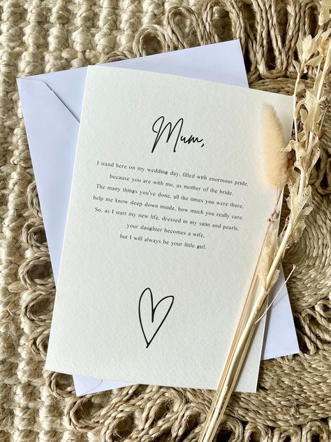 This personalised poem card for the Mother Of The Bride is the perfect keepsake to treasure forever. Each personalised and designed to fit you they are one of a kind and bespoke. The card is A5 in size so ideal for framing after the occasion. D E T A I L S- Personalised poem from the bride to her mum on her special day- Designed and then printed on high quality 300gm2 textured card- Comes with white envelope- Placed in a protective cello back and sent via Royal Mail in a hard back do not bend envelope for safe travelsP E R S O N A L I S A T I O NPlease use the box provided to add in any personalisation to be printed on the back of the card. You may want to include names, wedding dates, location or a phrase.P O E M I stand here on my wedding day, filled with enormous pride, because you are Gifts For Mother Of The Bride, Mother Of The Bride Gift Ideas, Card For Mother, Hens Party Invitations, Wedding Dates, Bride Card, Random Products, Keepsake Wedding, Wedding Letters