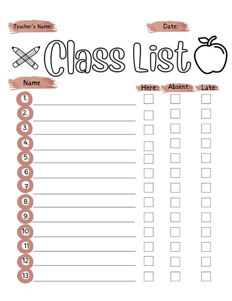 Want to have a class list that is already organized and created for you? Buy this Class List Digital Paper for an easy attendance that you can print out whenever you need it! It makes one step easier in your busy day of teaching. Class List Ideas, Fake Teacher Rp Ideas, Fake Teacher Roleplay, Teacher Paper Organization, Things To Print Out, Class Attendance Sheet, Random Stuff To Buy, Pretend Teacher, Class List Template