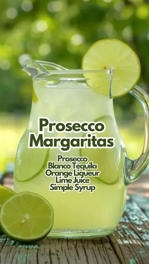 Prosecco Margaritas are a perfect choice for those looking to dazzle with a unique and refreshing cocktail. This drink mixes the crisp, bold taste of blanco tequila with the sweet notes of orange liqueur and the zestiness of fresh lime juice, finished with a splash of chilled Prosecco. #proseccomargaritas via @mybartender Prosecco Tequila Cocktails, Prosecco Margarita, Margarita Flavors, Lime Cocktails, Liqueur Cocktails, Lamarca Prosecco, Cocktail Cards, Bartender Drinks Recipes, Simple Syrup Cocktails