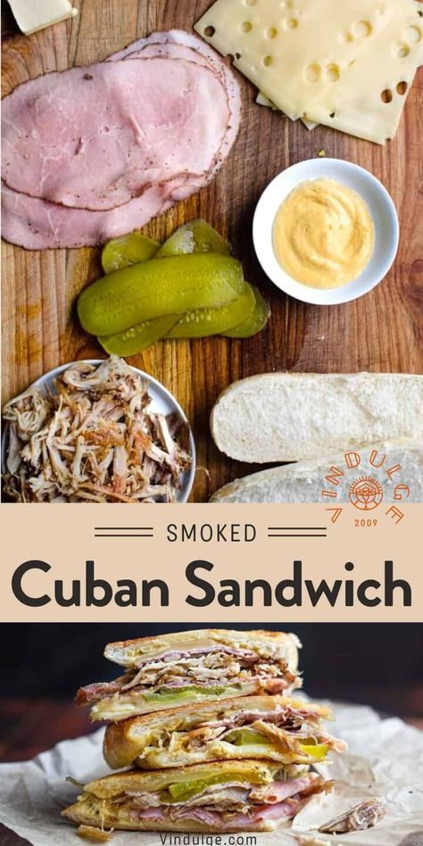 What could be better than a Cuban sandwich – you know, the pressed sandwich made with roasted pork, ham, Swiss cheese, pickles, mustard, served hot on Cuban bread — A smoked Cuban Sandwich made with smoked pork shoulder. Leftover Smoked Pork Shoulder Recipes, Shaved Pork Sandwiches, Pork Chop Sandwich Recipes, Cuban Recipe, Cuban Sandwich Recipe, Pork Chop Sandwiches, Pork Sandwich Recipes, Leftover Pulled Pork, Lunch Sandwiches