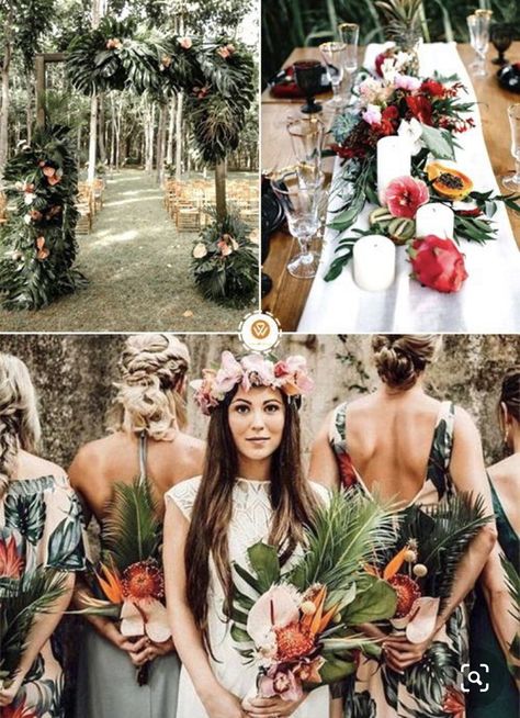 Tropical Wedding Color Palette, Hawaiian Wedding Themes, Brazilian Wedding, Bohemian Wedding Theme, Night Wedding Photos, Boho Wedding Ideas, Jungle Wedding, Summer Wedding Ideas, Tropical Wedding Theme