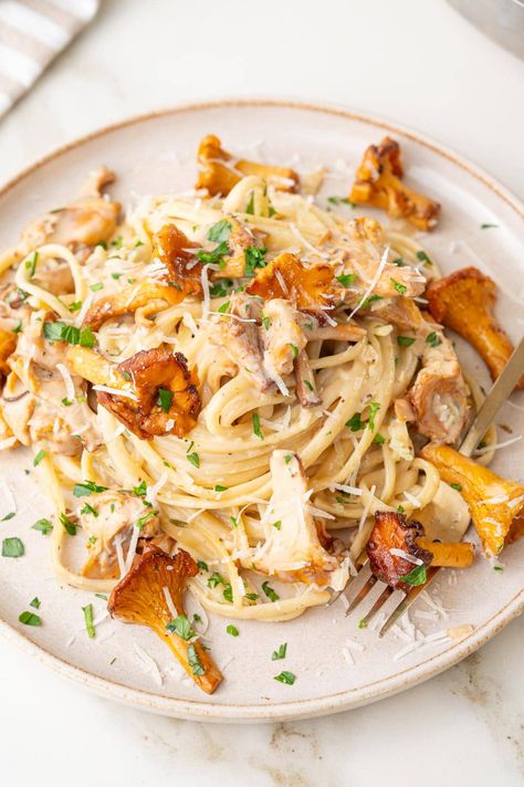 Creamy Chanterelle Pasta Chanterelle Mushroom Pasta, Golden Chanterelle Recipes, Chantrell Mushrooms Recipes, Chanterelle Pasta, Best Pierogi Dough Recipe, Pierogi Dough Recipe, Chanterelle Mushroom Recipes, Chanterelle Recipes, Pierogi Dough