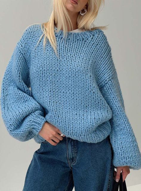 Sweater Cable knit material, round neckline, drop shoulders, baloon sleeves, oversized fitting Good stretch, unlined 100% acrylic Cold hand wash Cute Chunky Sweaters, Chunky Knit Sweater Cardigan, Chunky Sweater Aesthetic, Crochet Sweater Blue, Chunky Knitted Sweaters, Cute Fall Sweaters, Light Blue Knit Sweater, Chunky Sweater Outfit, Blue Sweater Outfit