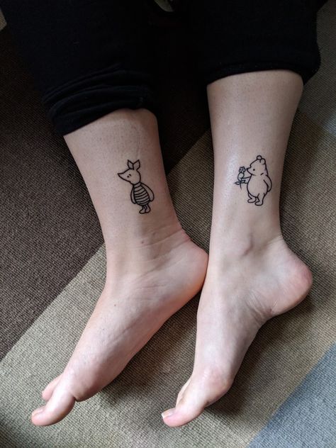 Matching Pooh Bear and Piglet Tattoos Matching Pooh Bear Tattoos, Wine The Pooh Tattoo, Winnie The Pooh Friendship Tattoo, Piglet And Eeyore Tattoo, Pooh Bear And Piglet Tattoo, Piglet And Pooh Tattoo, Winnie And Piglet Tattoo, Sister Tattoos Disney, Pooh Bear Tattoos