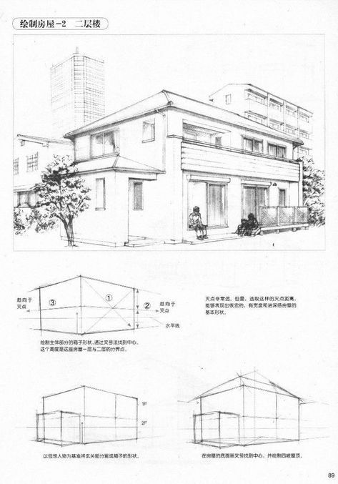 Perspective House Sketch, Manga Building Background, 3 Point Perspective Cityscape, Perspective Drawing Reference Building, Architecture Drawing Beginner Step By Step, Room Perspective Drawing, 2 Point Perspective Drawing, Architecture Study, Perspective Sketch