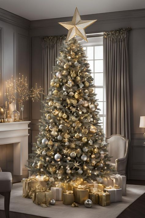 Gold and silver Christmas tree lights sparkling on a beautifully decorated holiday tree. White Silver And Gold Christmas Tree, Gold And Silver Christmas Tree, Silver And Gold Christmas Tree, Gold And Silver Christmas, Silver And Gold Christmas, Wall Christmas Tree, Christmas Tree Lights, Real Christmas Tree, Silver Christmas Tree